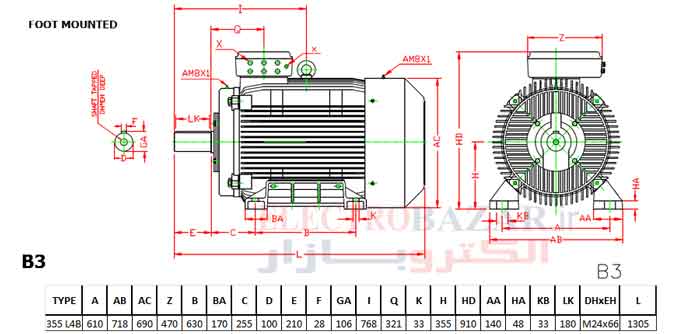 ابعاد موتور چدنی موتوژن تیپ355L4B
